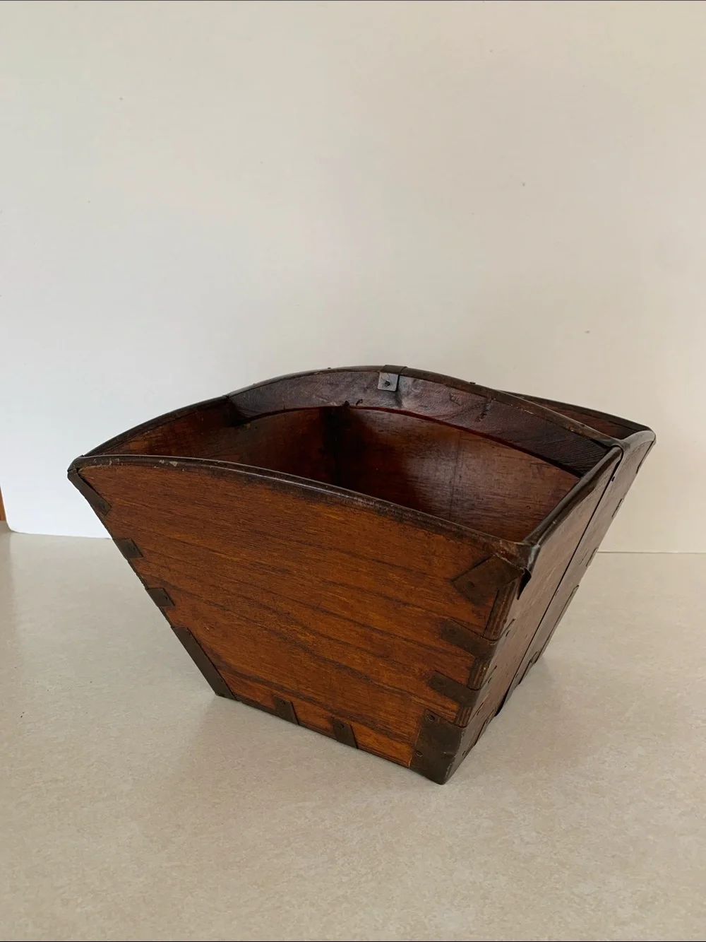 Oriental Asian Wood Rice/Harvest Style Basket with Metal Straps